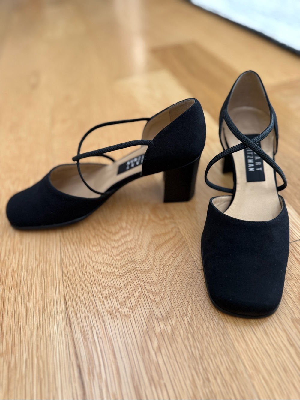 Vintage 90’s Stuart Weitzman Black Cross-Strap Block Heel Pumps, Size 6